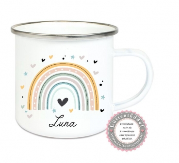 Preview: Emaillebecher Keramikbecher Regenbogen bunt personalisiert mit Name Kindergarten Geburt Taufe Kindergartenkind Einschulung Geburtstag von Lüttentüddel®